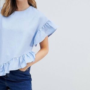 ASOS Petite Asymmetrical Ruffle Hem Top in Linen